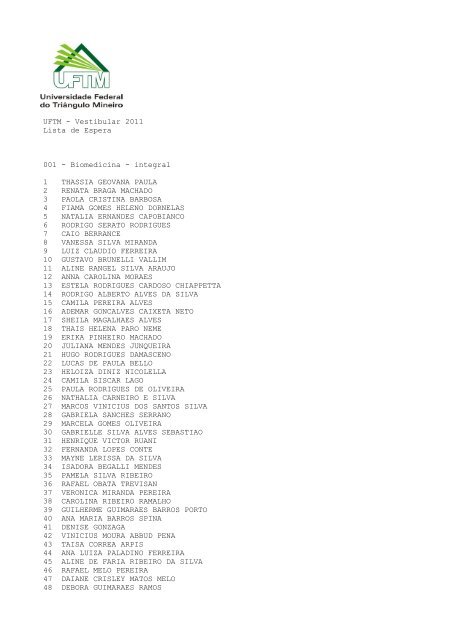 UFTM - Vestibular 2011 Lista de Espera 001 - Biomedicina - integral ...