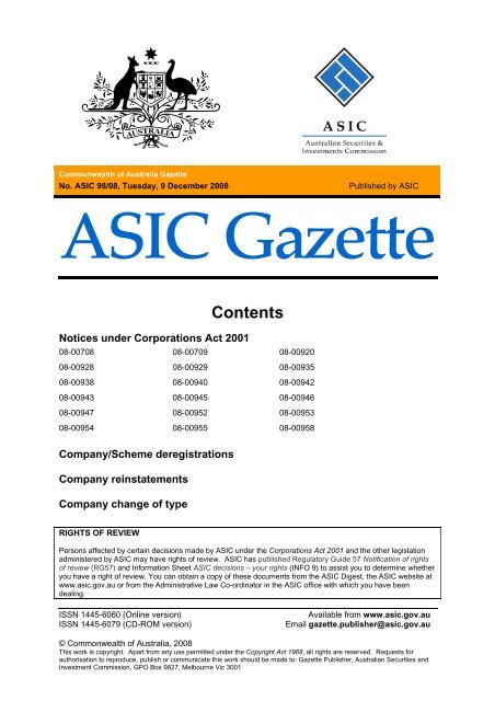 Commonwealth Of Australia Asic Gazette Australian Securities