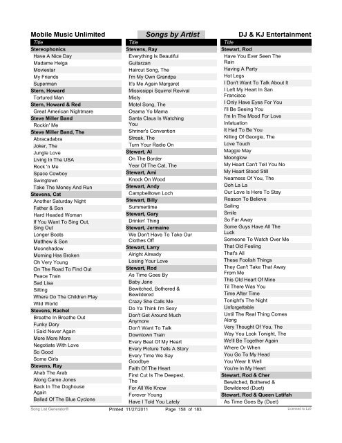 All Karaoke Songs By Artist - Mobile Music Unlimited