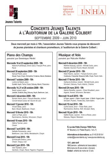 Calendrier des concerts de l'association Jeunes Talents