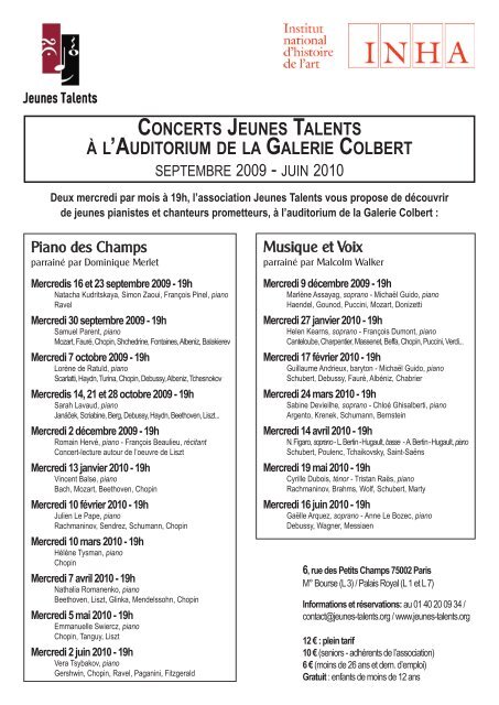 Calendrier des concerts de l'association Jeunes Talents