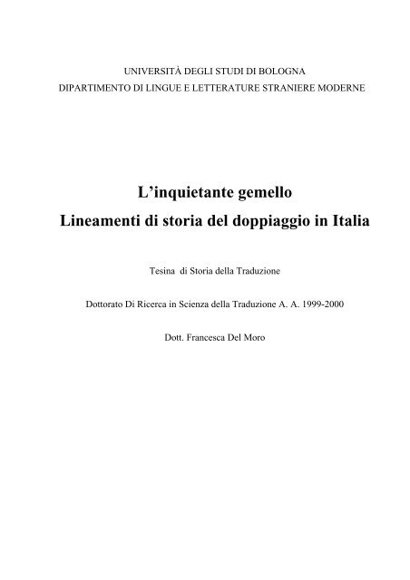 L'inquietante gemello Lineamenti di storia del doppiaggio in Italia