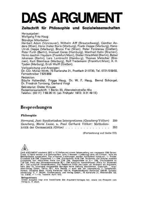 Das Argument 72 - Berliner Institut für kritische Theorie eV