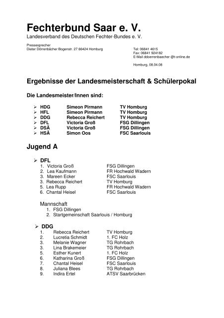 Ergebnisse Landesmeisterschaften 2008 in ... - Fechterbund Saar