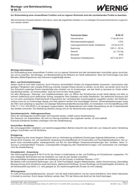 Montage- und Betriebsanleitung W 90-70 - Wernig