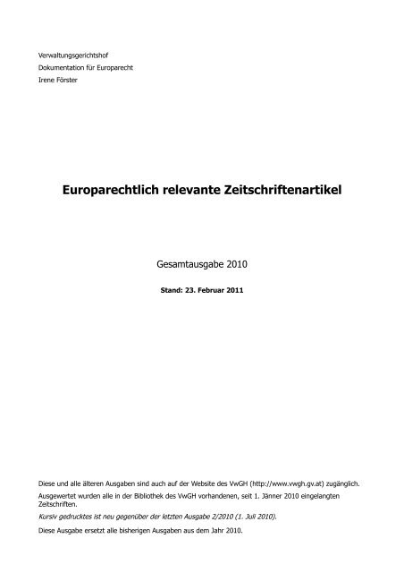 Europarechtlich Relevante Zeitschriftenartikel Osterreichischer