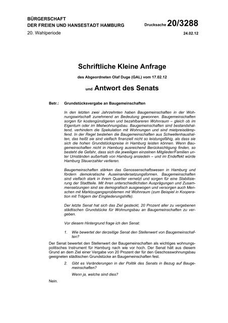 Schriftliche Kleine Anfrage und Antwort des Senats