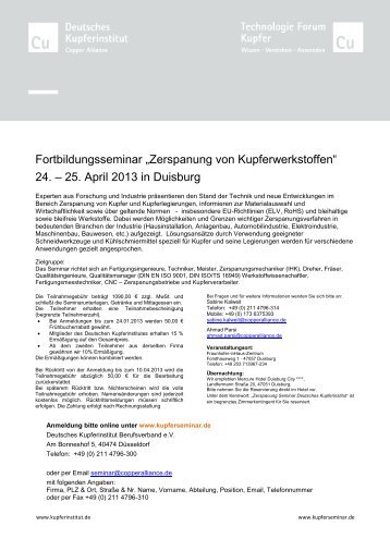 Seminar Zerspanung von Kupferwerkstoffen 2013 - Seminare