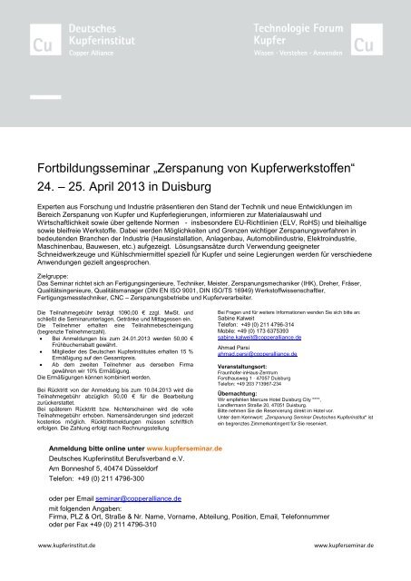 Seminar Zerspanung von Kupferwerkstoffen 2013 - Seminare