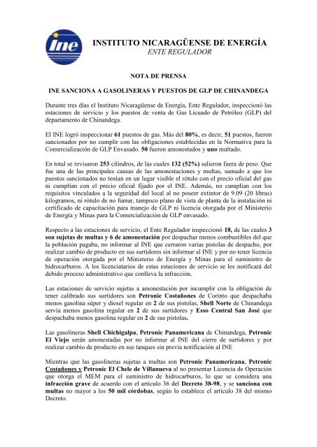 Gasolineras y puestos de GLP de Chinandega sancionados