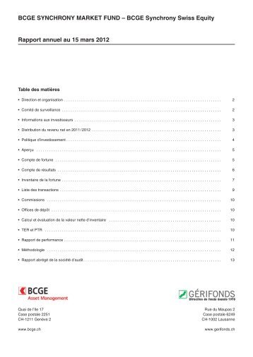 BCGE Synchrony Swiss Equity Rapport annuel au 15 mars 2012