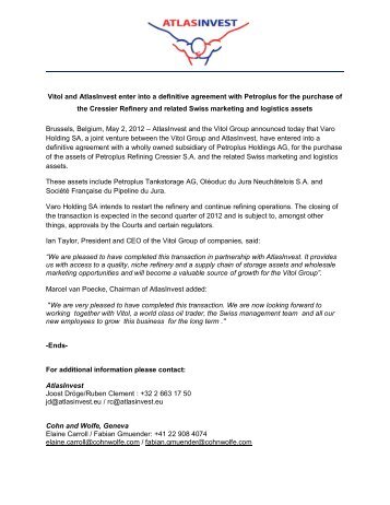 Vitol and AtlasInvest enter into a definitive agreement with Petroplus ...