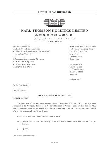 KARL THOMSON HOLDINGS LIMITED - HKExnews