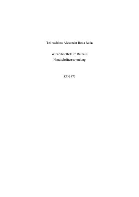 Teilnachlass Alexander Roda Roda Wienbibliothek im Rathaus ...