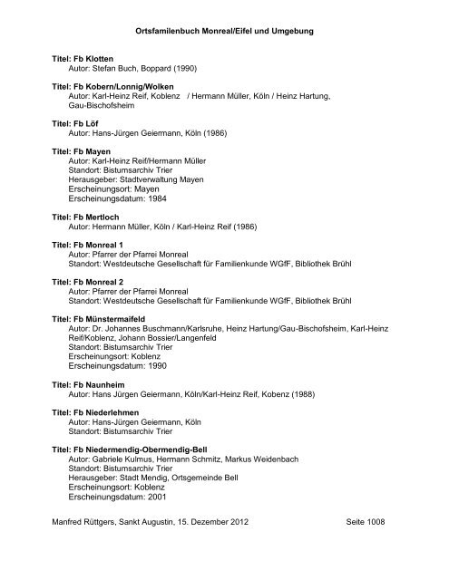 Ortsfamilienbuch Monreal/Eifel - Heimatchronik Monreal