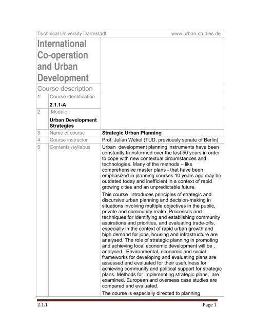 VGU Urban Development Planning Overview over Modules and ...