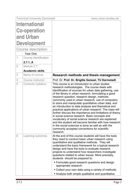 VGU Urban Development Planning Overview over Modules and ...
