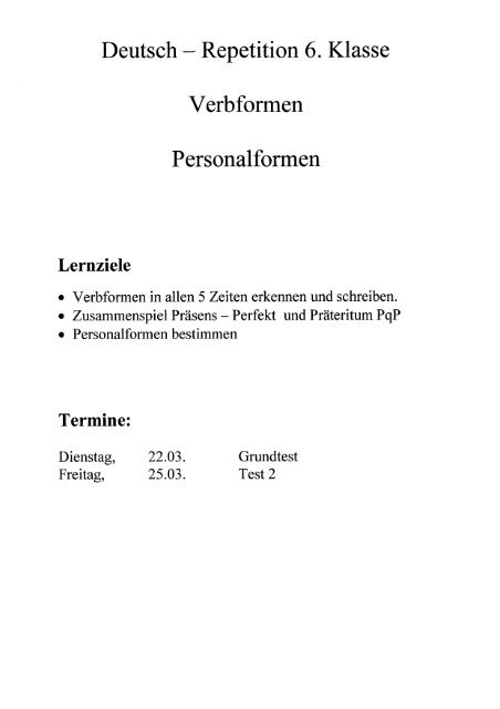 Deutsch —— Repetition 6. Klasse Verbformen - Mittelstufe Utzenstorf