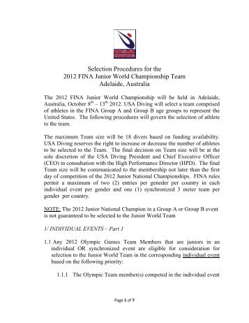 Selection Procedures for the 2012 FINA Junior World ... - USA Diving