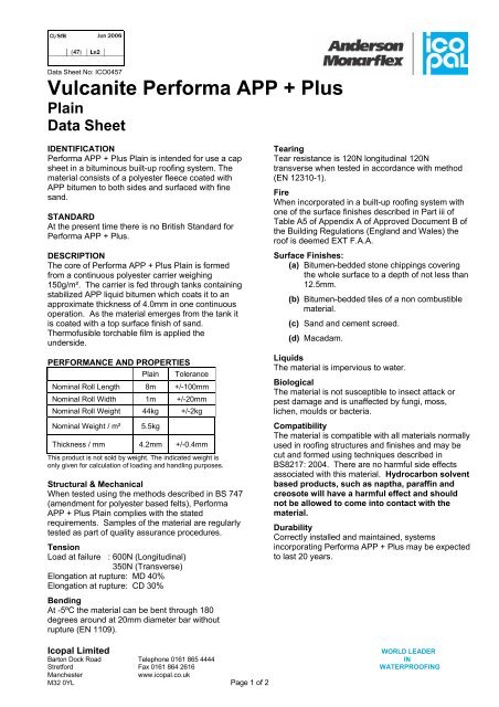 Vulcanite Performa APP + Plus Plain Data Sheet - Icopal