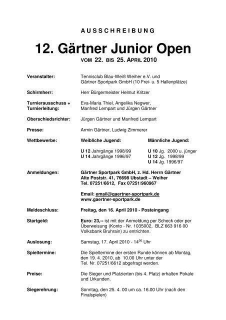 12. Gärtner Junior Open - Badischer Tennisverband