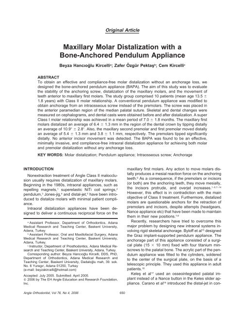 Maxillary Molar Distalization with a Bone-Anchored Pendulum ...