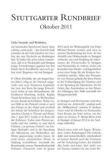 Stuttgarter Rundbrief Oktober 2011 - Petrusbruderschaft