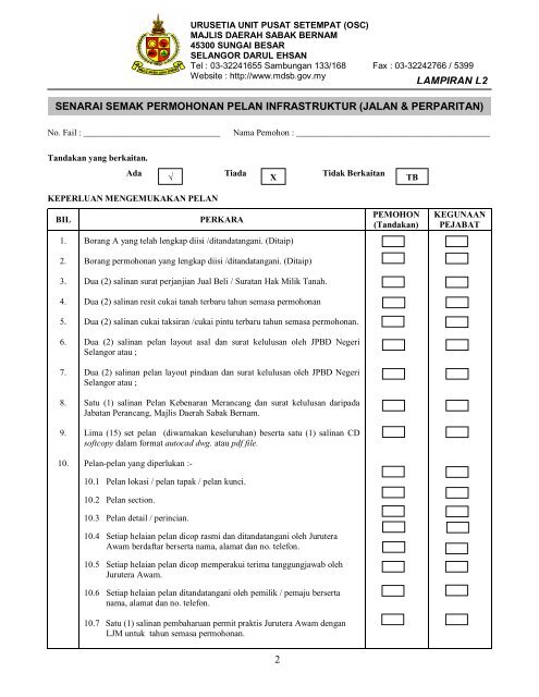 senarai semak permohonan pelan infrastruktur jalan & perparitan