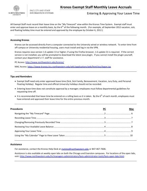 Kronos Exempt Staff Monthly Leave Accruals - Northwestern University