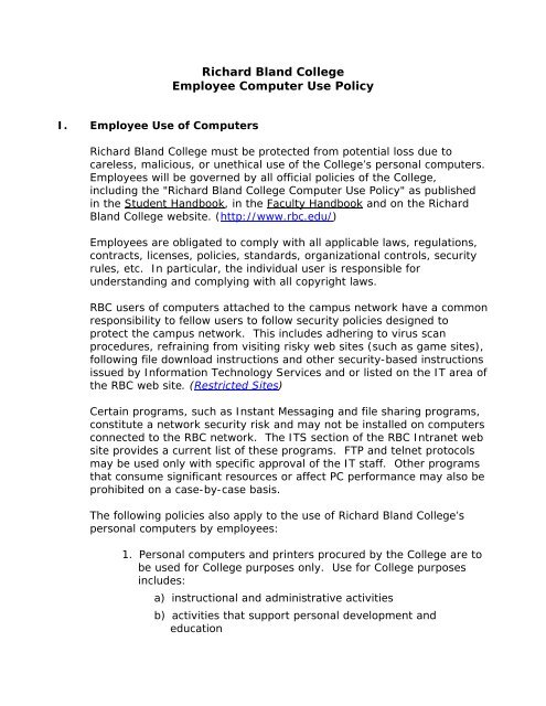 Employee Computer Use Policy (pdf) - Richard Bland College