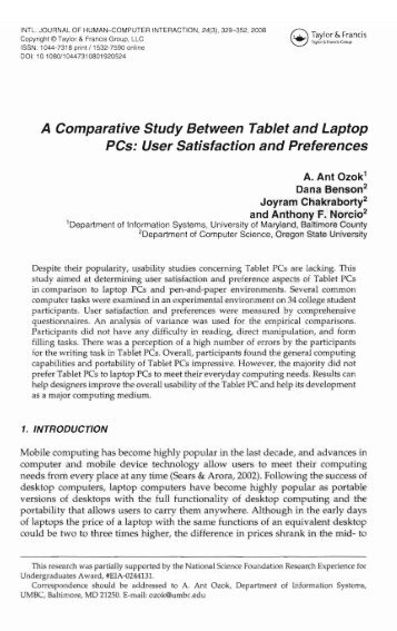A Comparative Study Between Tablet and Laptop PCs: User ... - Umbc