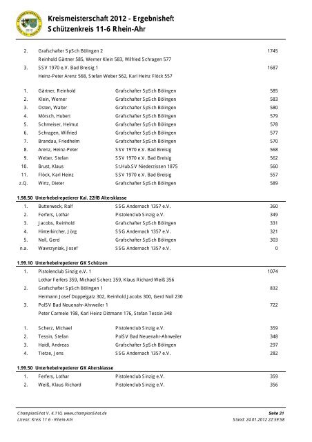 Kreismeisterschaft 2012 - Ergebnisheft Schützenkreis 11 ... - PC Sinzig