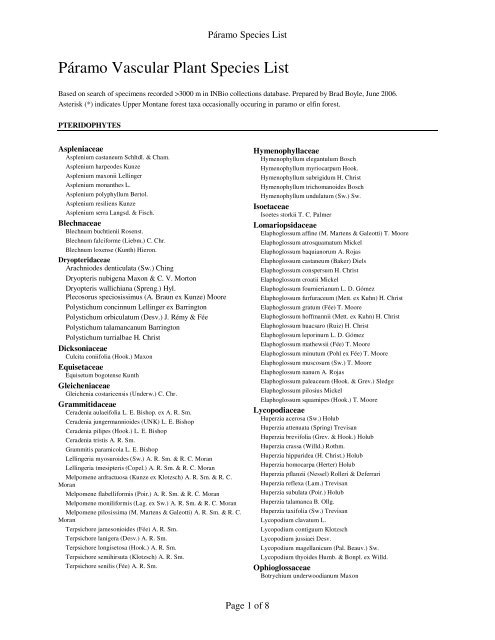 Paramo species list - OTS