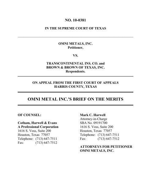 Omni Metals Brief on Merits 10-0381 - Supreme Court of Texas