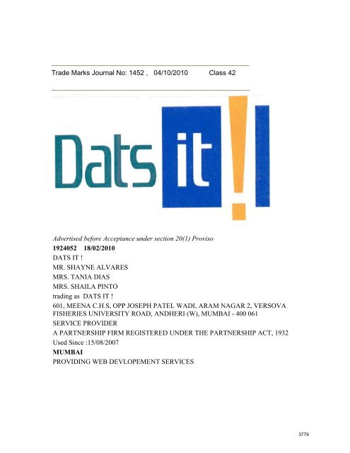 Trade Marks Journal No - Controller General of Patents, Designs ...