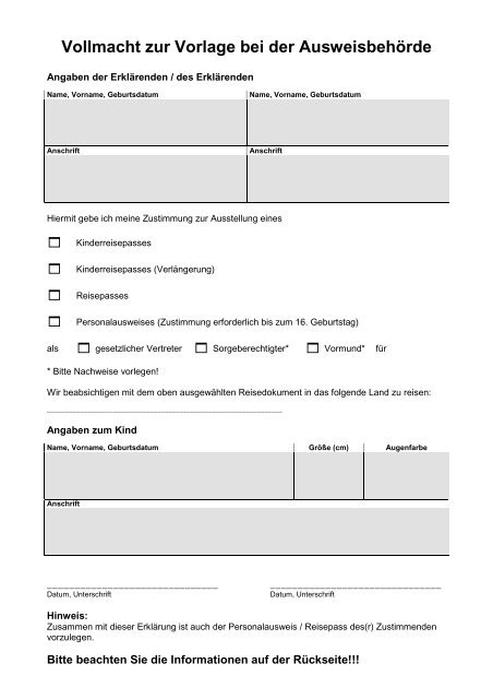 Vollmacht Kinderreisepass, BPA, RPA - Gemeinde Holzwickede