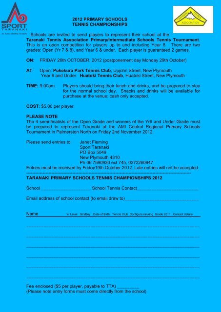 2012 PRIMARY SCHOOLS TENNIS ... - Sport Taranaki