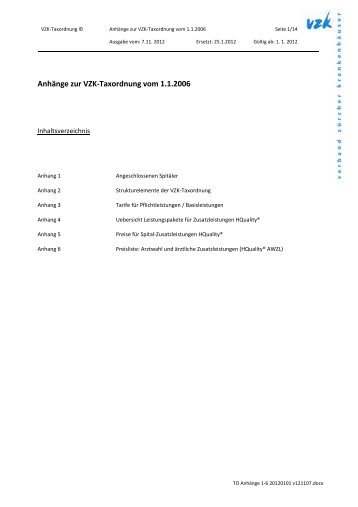 Anhänge zur VZK-Taxordnung per 1. Januar 2012