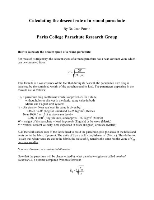 Calculating the descent rate of a round parachute Parks College ...