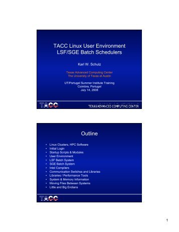TACC Linux User Environment LSF/SGE Batch Schedulers Outline