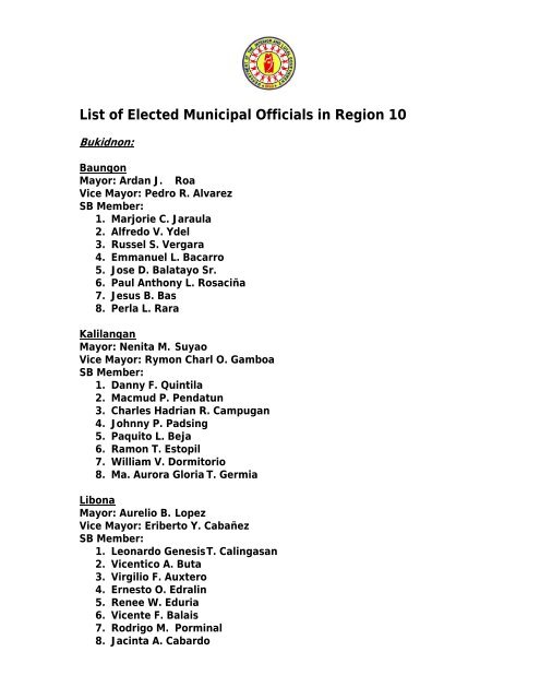 List of Provincial Officials in Region 10 - DILG