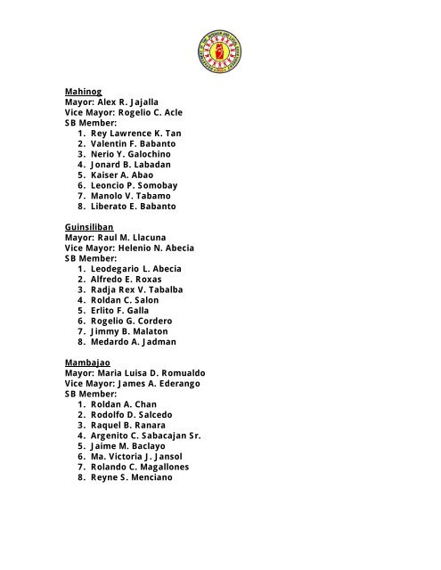 List of Provincial Officials in Region 10 - DILG