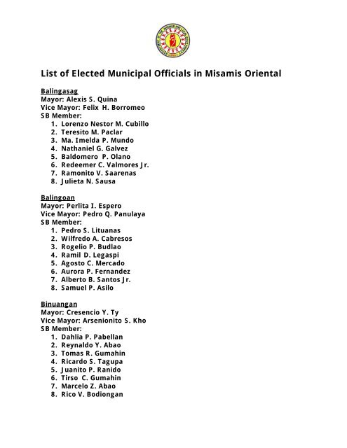 List Of Provincial Officials In Region 10 Dilg 10