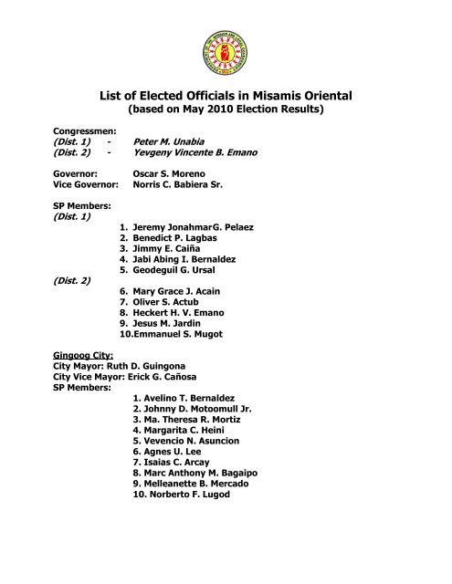 List of Elected Officials in Misamis Oriental - DILG