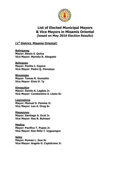 List of Elected Municipal Mayors & Vice Mayors in Misamis ... - DILG