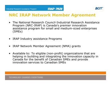 NRC IRAP Network Member Agreement - BCIT