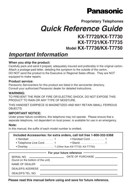 Quick Reference Guide - Operating Manuals For Panasonic Products.