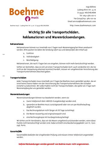 Formular Transportschäden, Reklamationen ... - Boehme Music