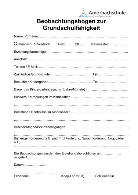 Beobachtungsbogen Grundschulfähigkeiten - Amorbachschule