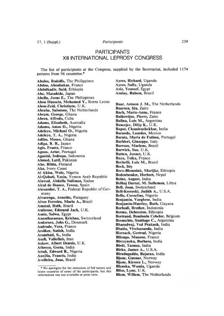 PARTICIPANTS XIII INTERNATIONAL LEPROSY CONGRESS